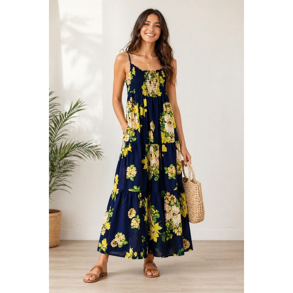 The Lovely‎ Co Vintage Navy Blue Floral Smocked Tiered Maxi Dress 281P S-M-L